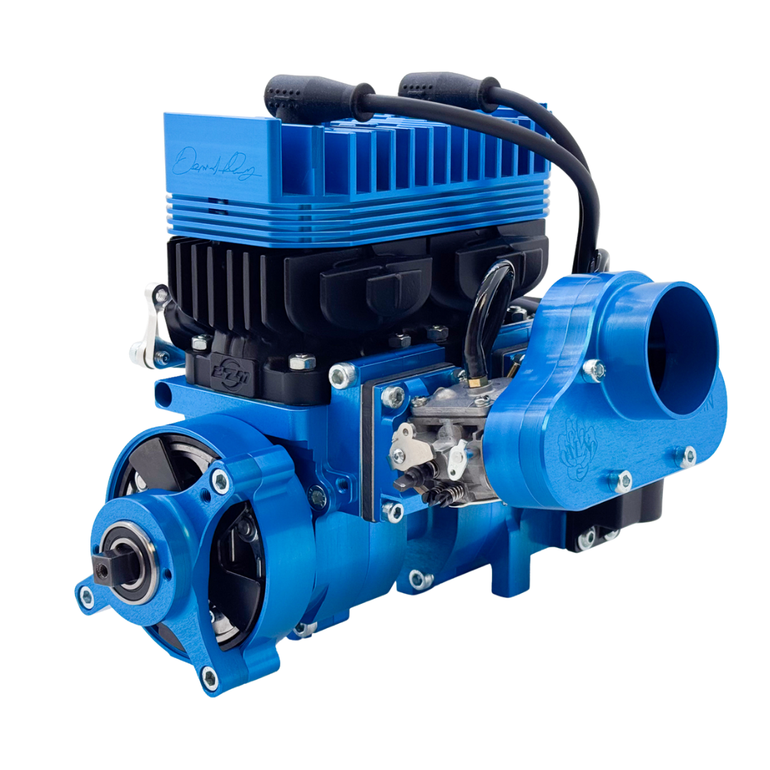 ALX Twin 100cc engine kit in blue anodised finish