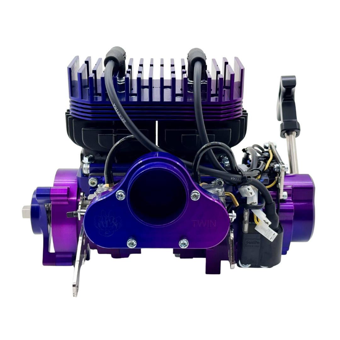 ALX Twin 100cc engine kit in two tone blue-purple anodised finish