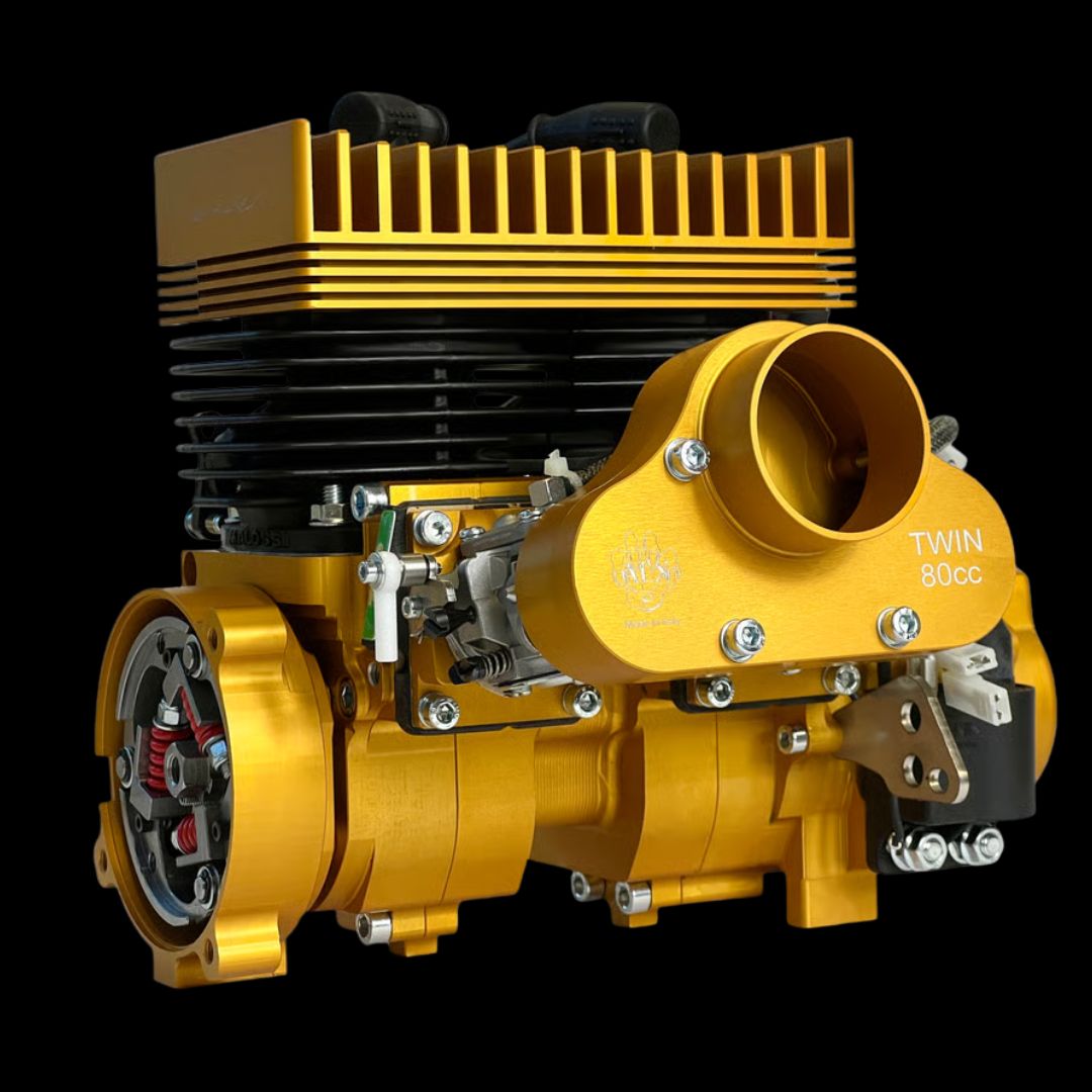 Yellow engine with 'TWIN 80cc' text on a black background