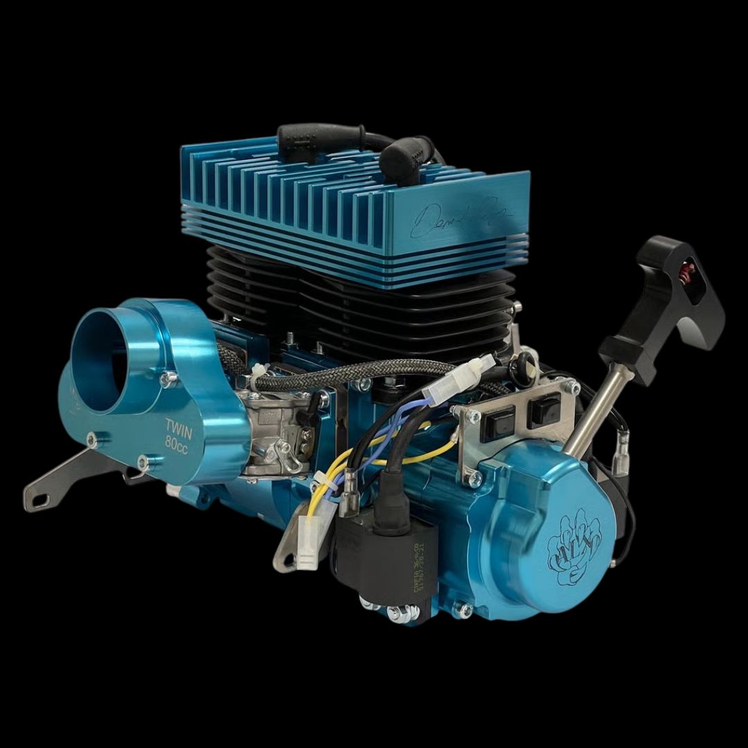 Blue engine with components on a black background