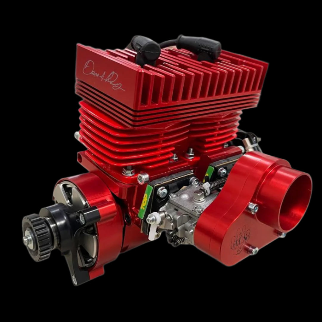 Red engine block with visible branding on a white background