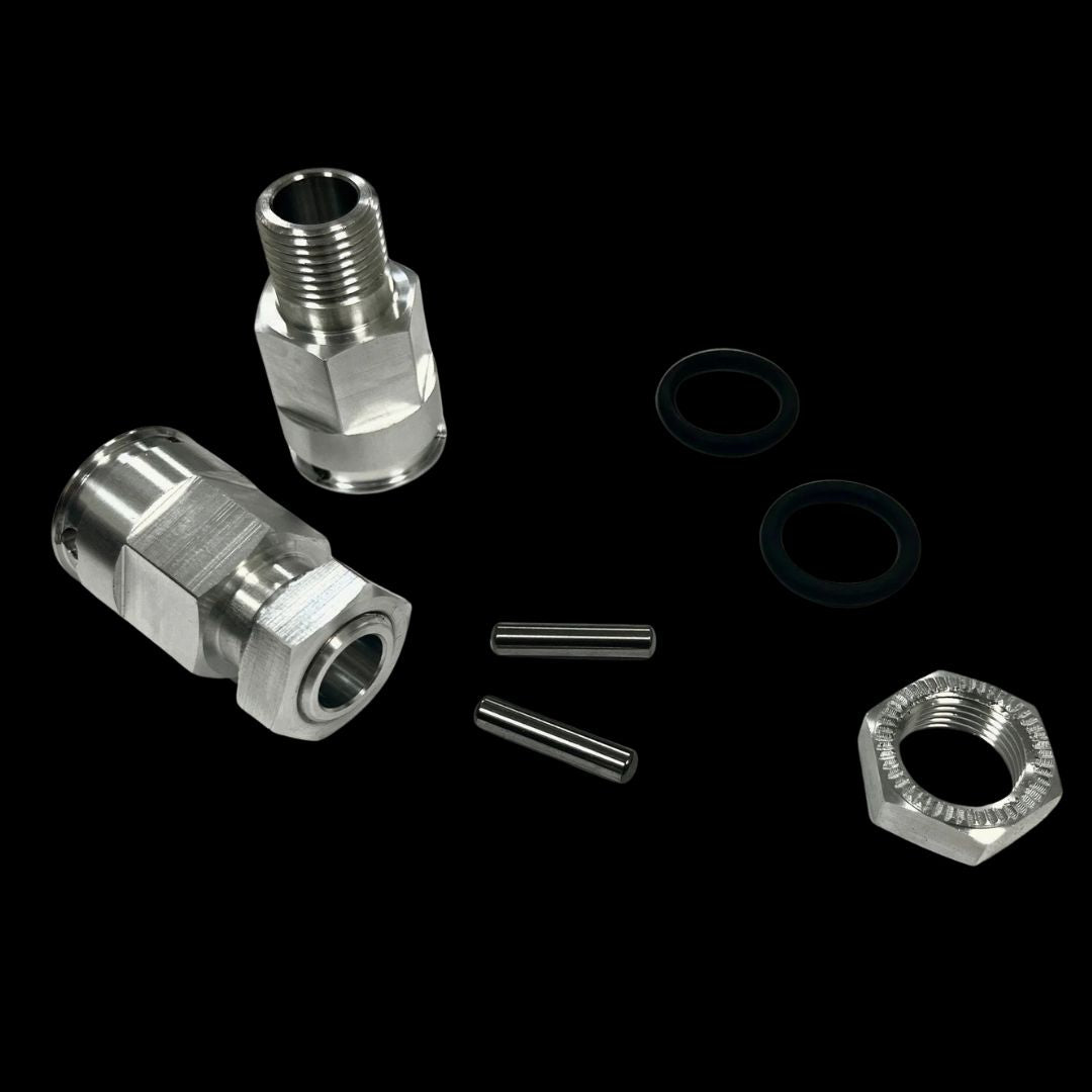 Set of metal hex hubs on a black background