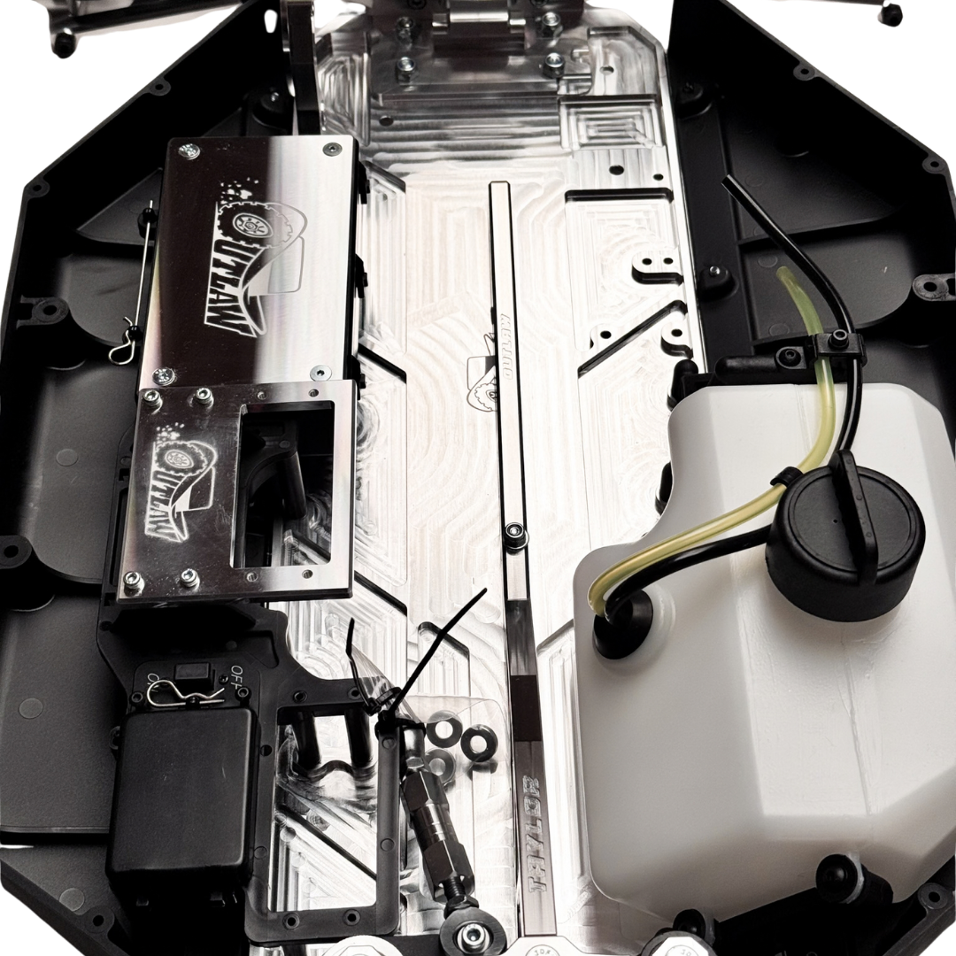Taylor RC Complete Outlaw V4 Billet Hybrid Slider, close-up top-down view of the billet chassis plate and fuel tank