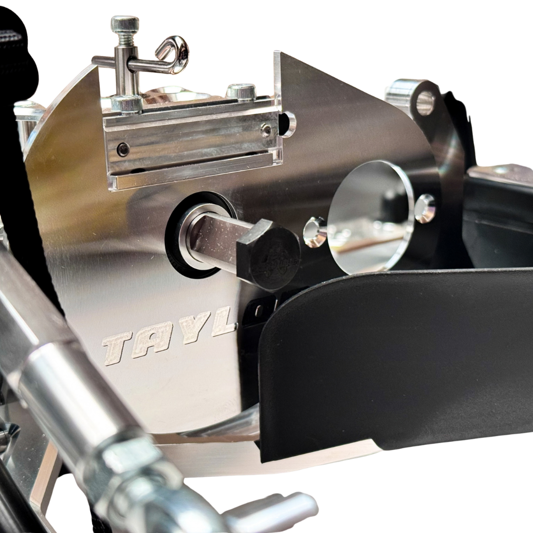 Taylor RC Complete Outlaw V4 Billet Hybrid Slider, close-up of the Taylor branded Gear Back Plate