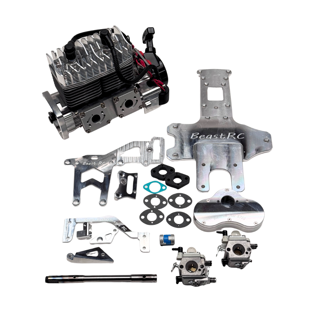 Collection of metal RC car parts on a white background with 'BeastRC' branding.