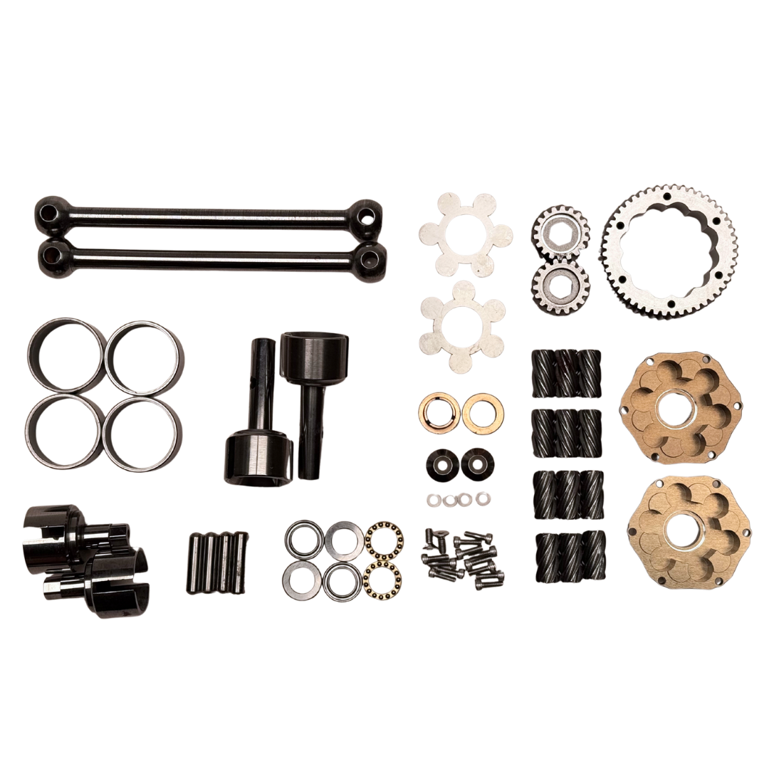 Collection of mechanical parts including gears, shafts, and bearings on a white background