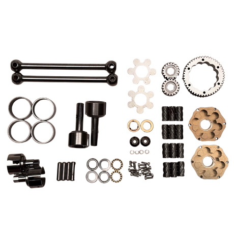 Collection of mechanical parts including gears, shafts, and bearings on a white background