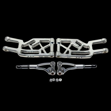 Set of metal suspension components on a black background