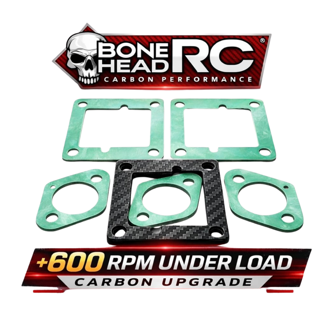 Carbon gaskets with Bone Head RC branding and performance claims on a white background