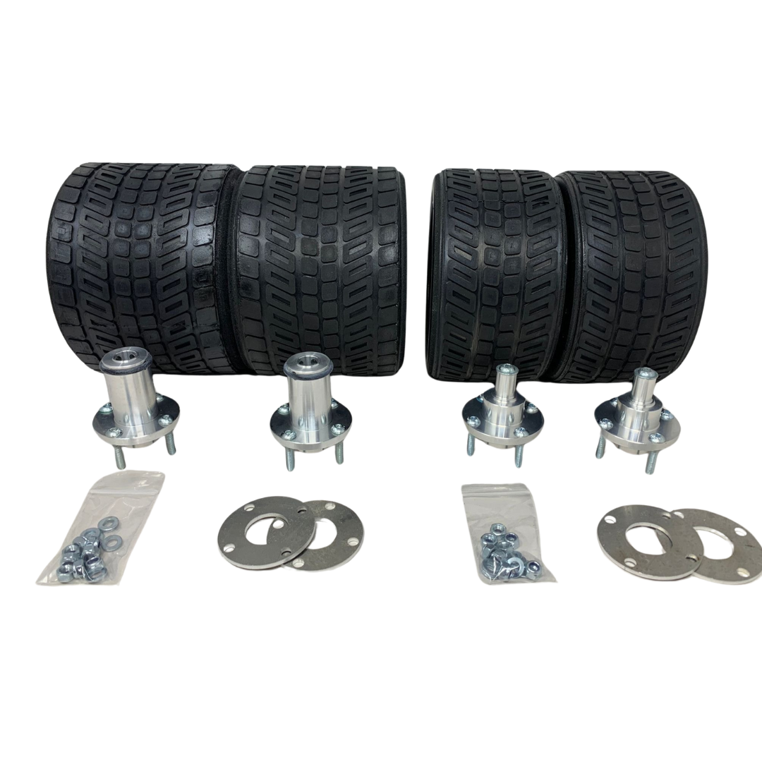 Set of tires and metal components on a white background