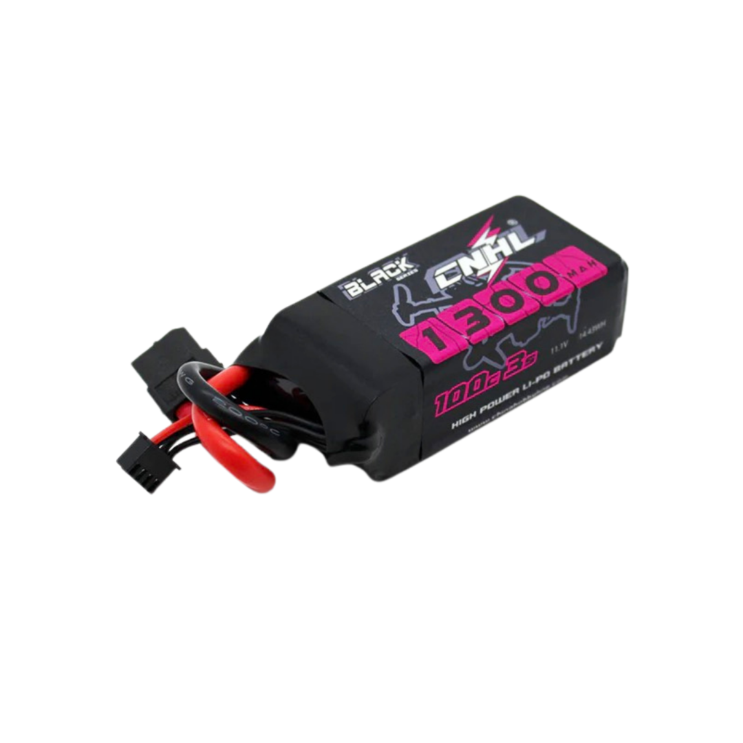 Black and pink battery pack with red connectors on a white background