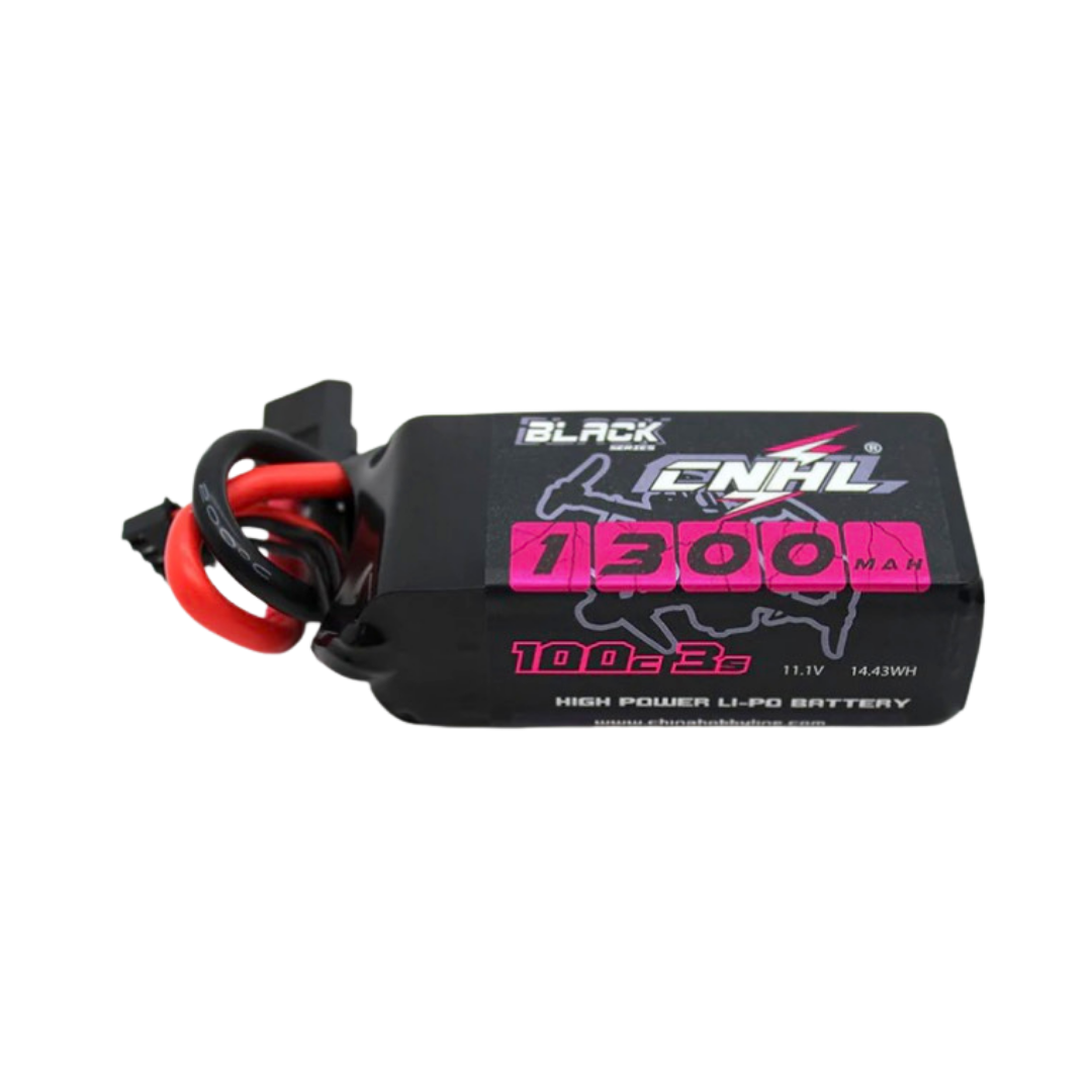 Black and pink high-power Li-Po battery with visible branding on a white background