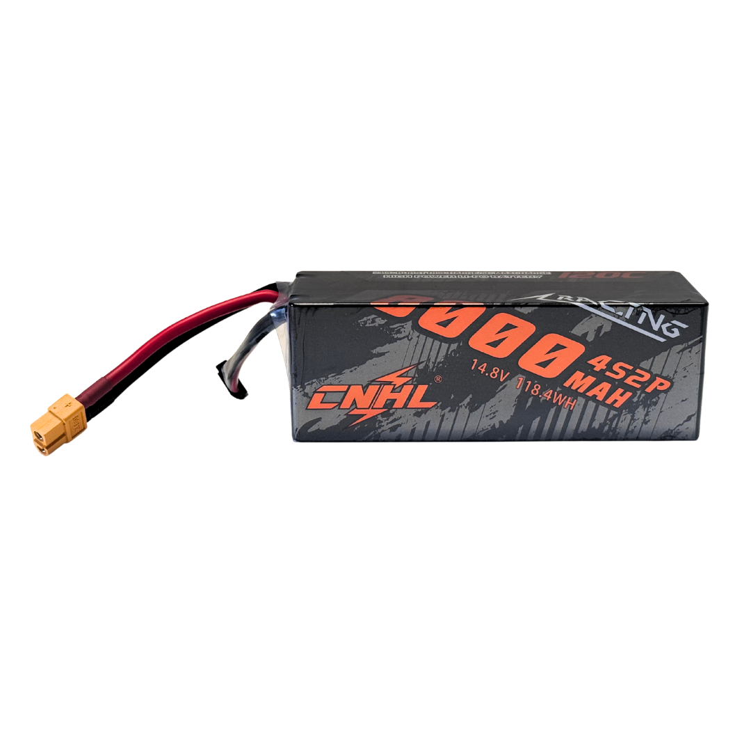 Black battery pack with red and yellow connectors on a white background
