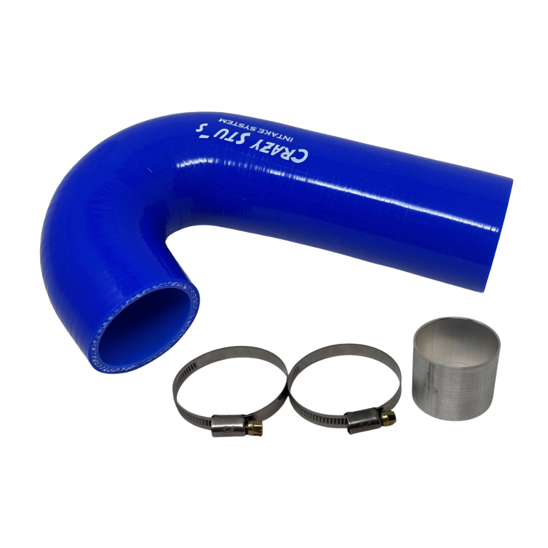 Blue silicone hose with clamps on a white background