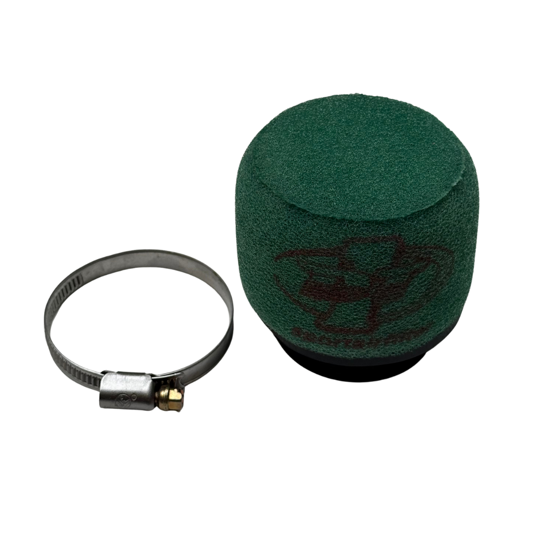 Green air filter and metal clip on a white background