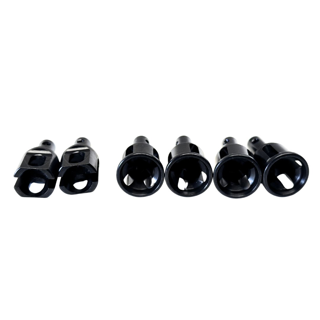Set of six black metal connectors on a white background