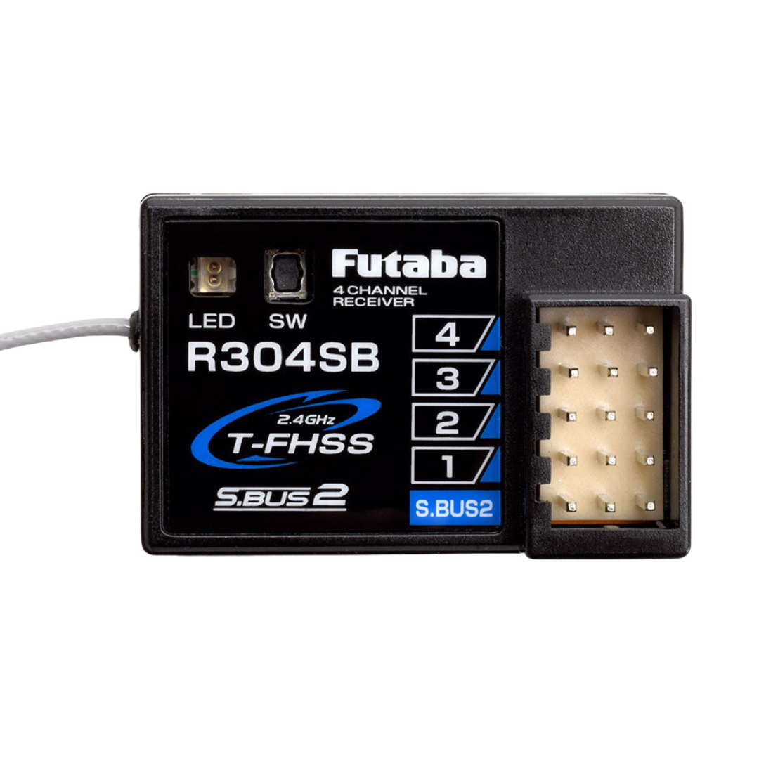 Futaba R304SB 2.4GHz T-FHSS S-BUS2 receiver on a white background