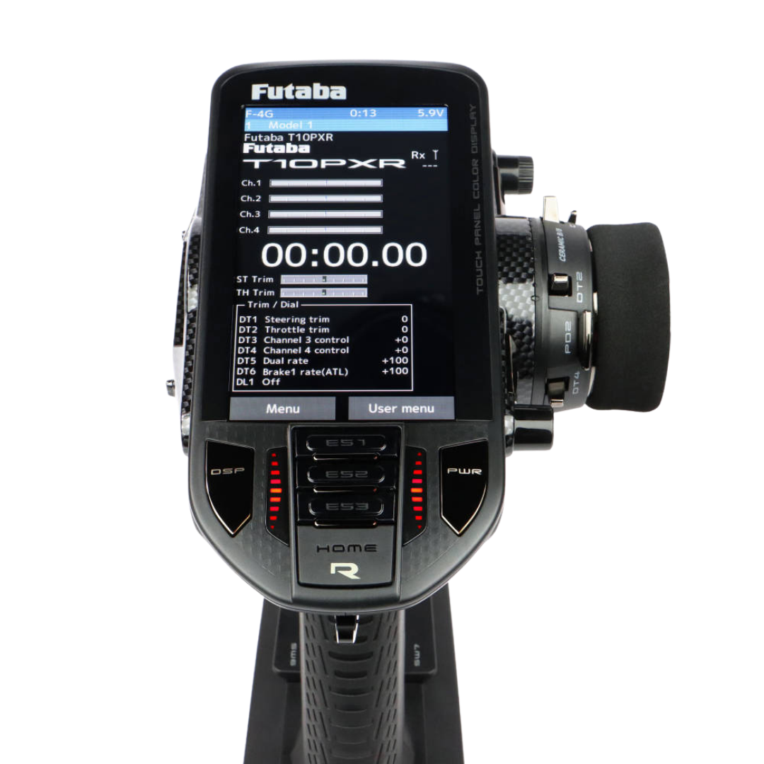 Futaba radio control receiver with digital display on a white background