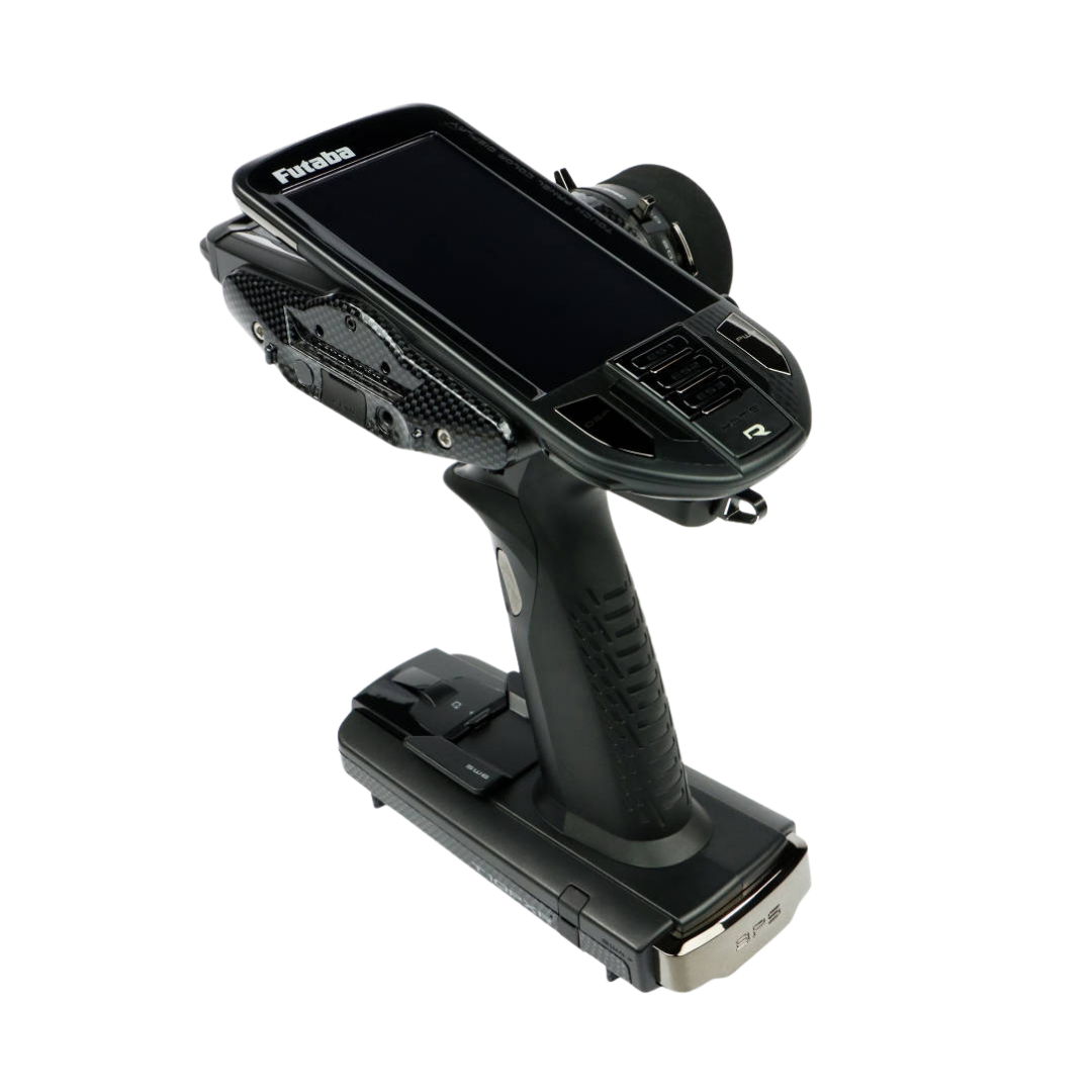 Black remote control with smartphone mount on a white background