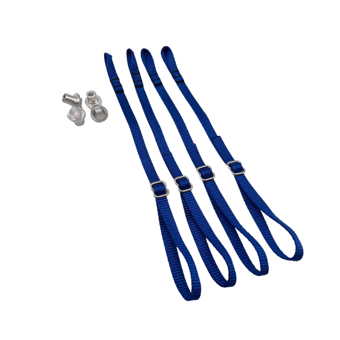 Set of blue straps with metal hardware on a white background