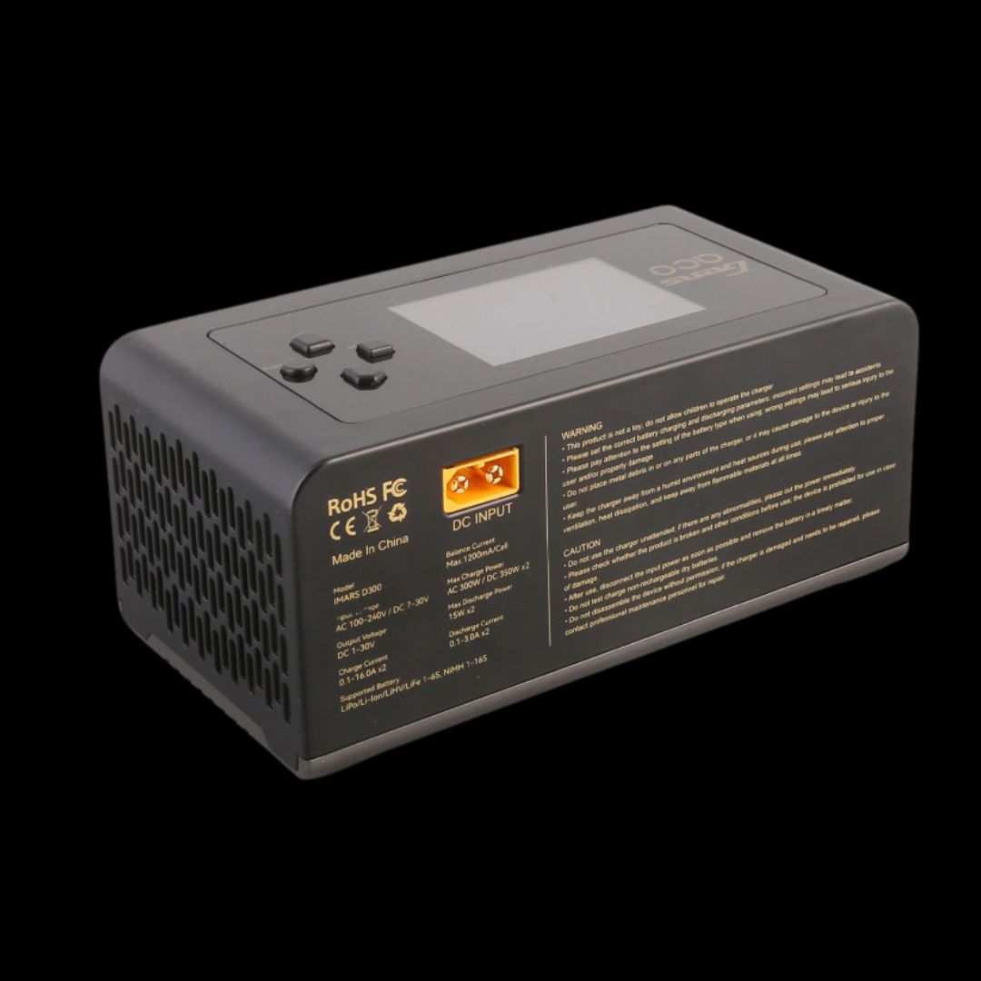 Gray electronic device with text and certification logos on a black background