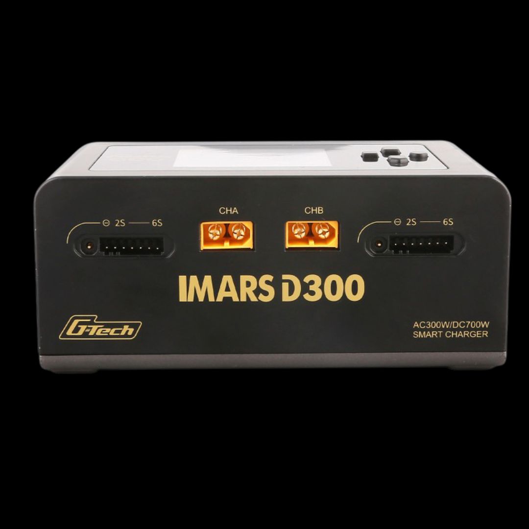 Gtech IMARS D300 smart charger on a black background