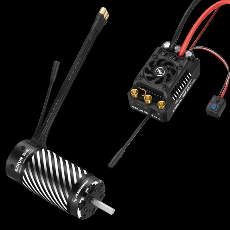 Motor and electronic speed controller with wiring on a white background