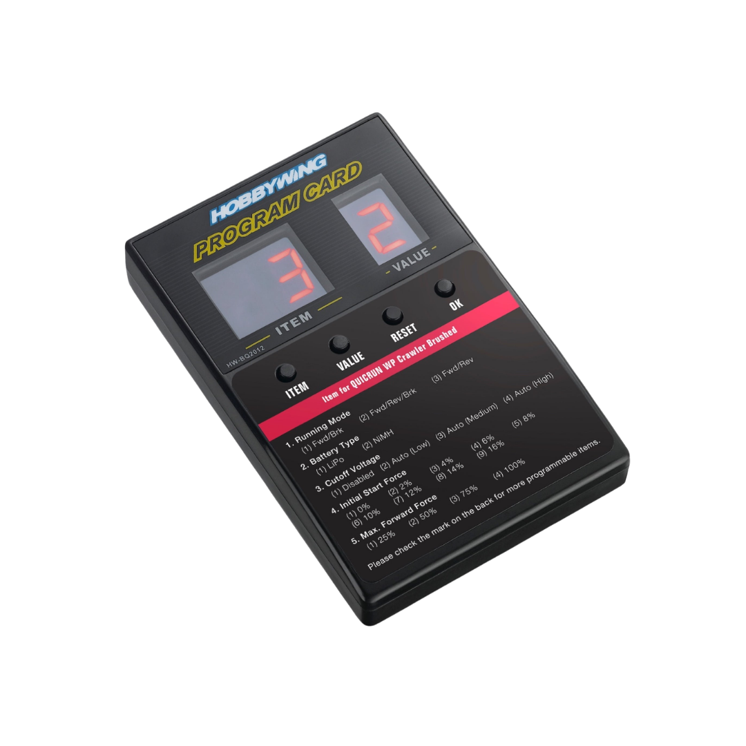 Hobbywing programmable card with digital display on a white background