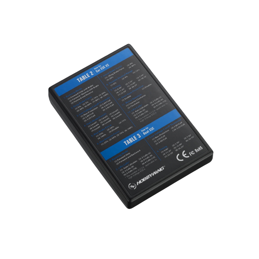 Black rectangular device with text and branding on a white background