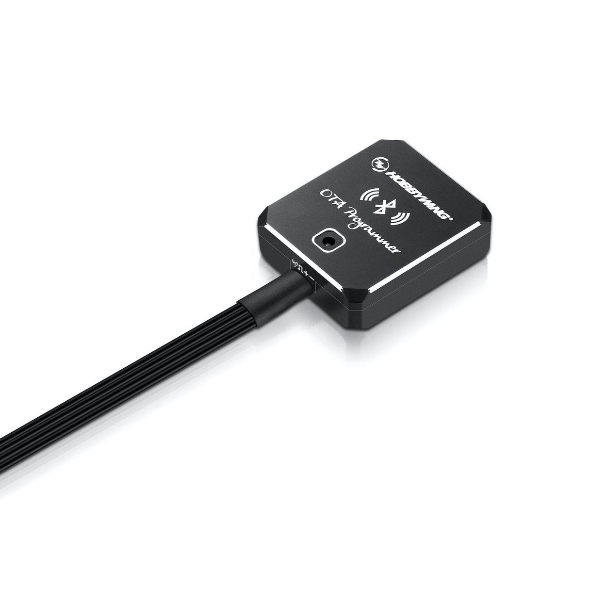 Black electronic device with a cable on a white background