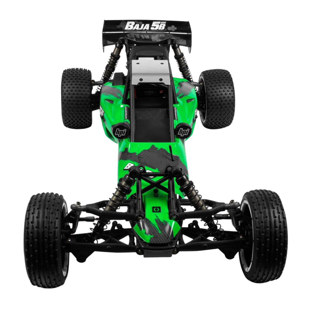 Green and black Baja 5B remote control car on a white background