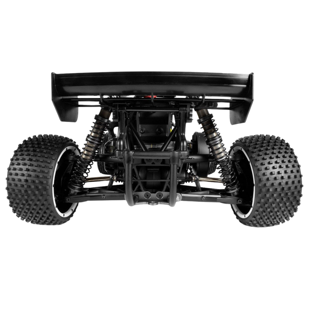 Black off-road vehicle chassis with large tires on a white background