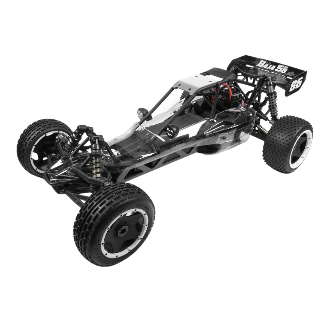 Black off-road RC car chassis on a white background