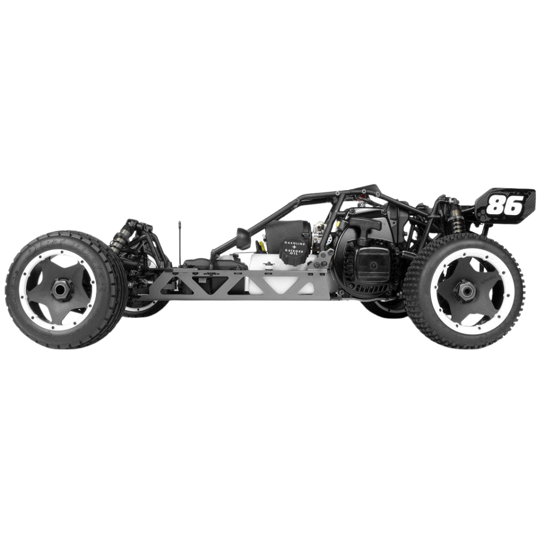 Black off-road vehicle chassis with '86' on a white background