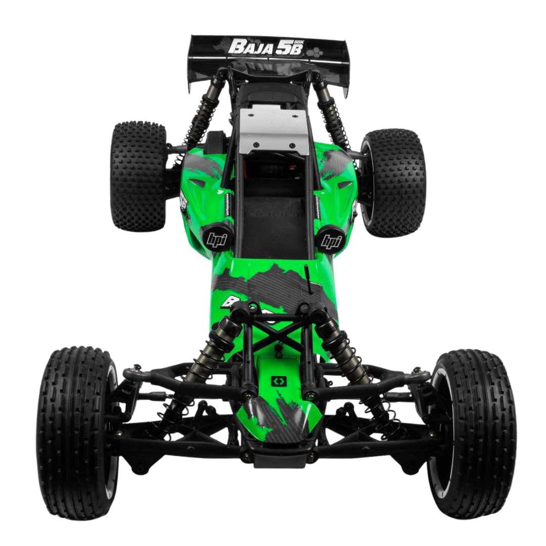 Green and black off-road model car on a white background