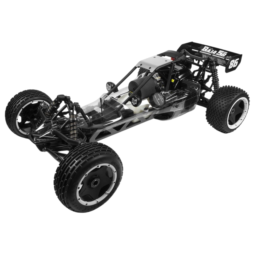 Black and silver off-road vehicle chassis on a white background