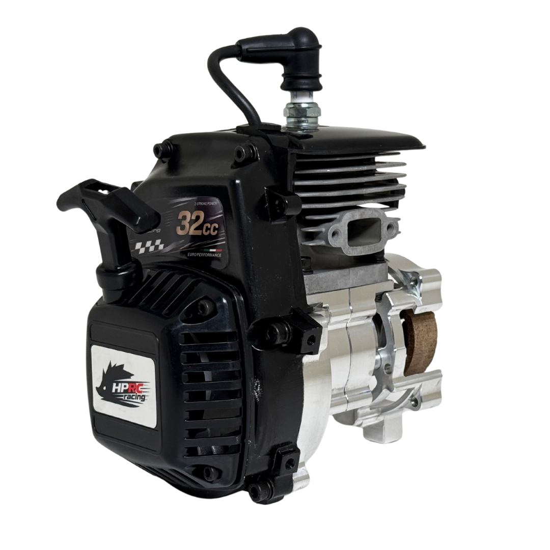 HPRC 32cc race ported Zenoah engine, rear view showing the black cylinder fins, "32cc" HPRC Racing decal and raw silver billet clutch bell