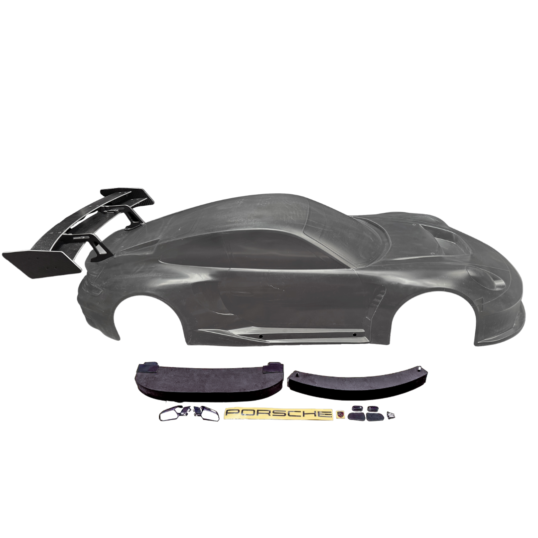 Car body kit with Porsche branding on a white background