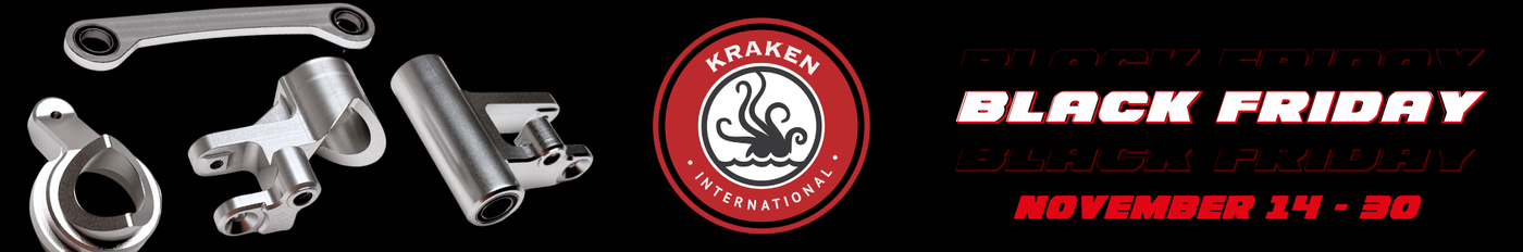 Black Friday sale banner with Kraken International logo and mechanical parts on a black background