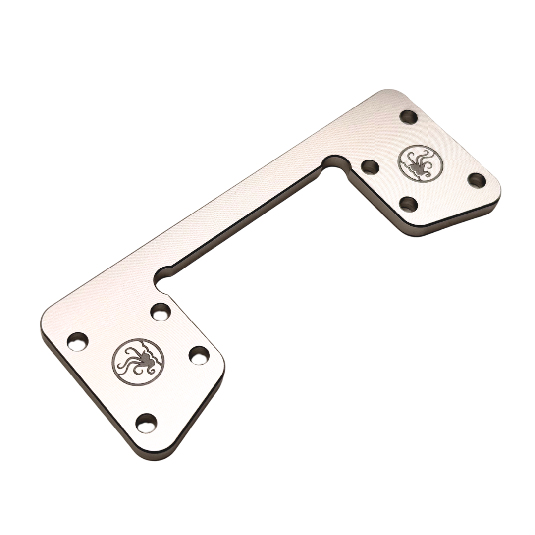 Metal bracket with engraved logo on a white background