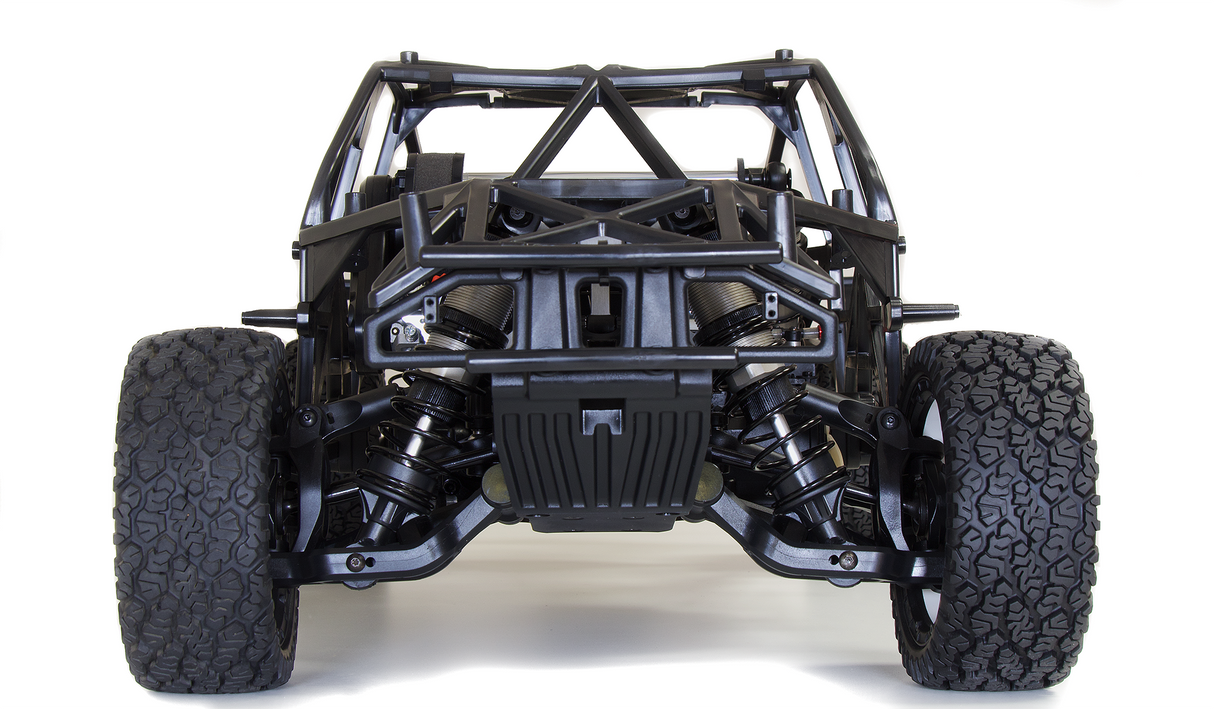 Black off-road vehicle chassis on a white background