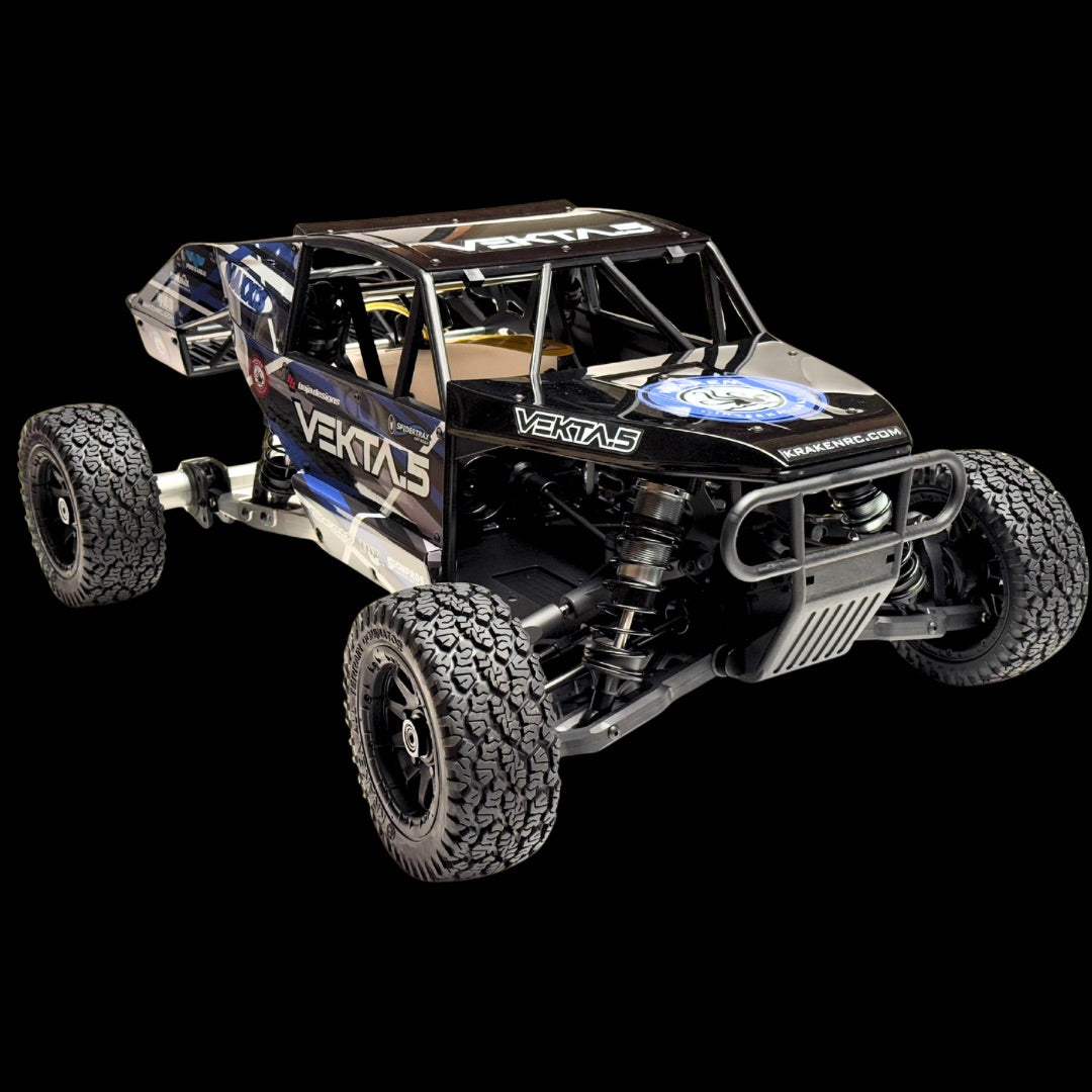Black off-road RC car with 'Vekta5' branding on a white background