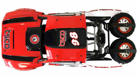 Red and black RC car with visible branding on a white background