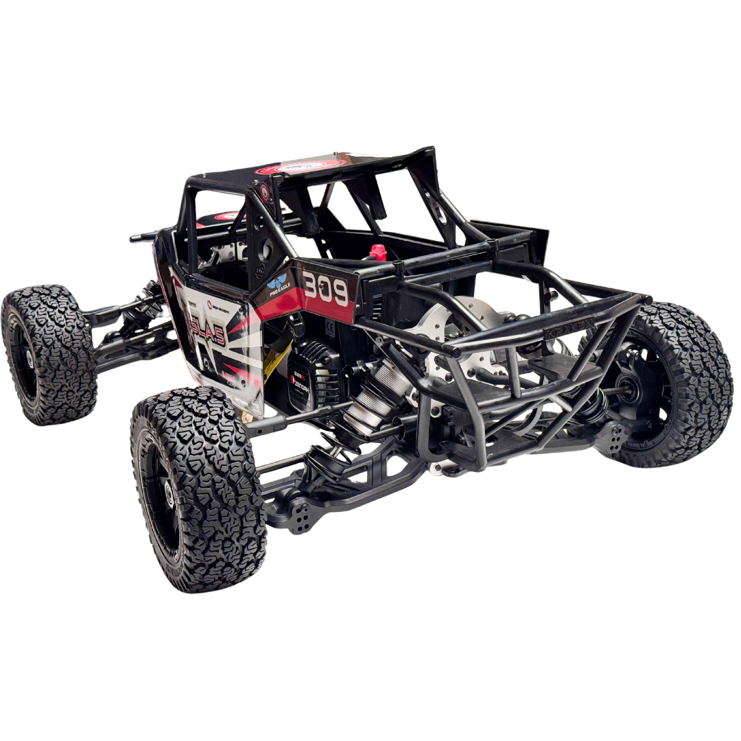 Black off-road RC car chassis with large wheels on a white background