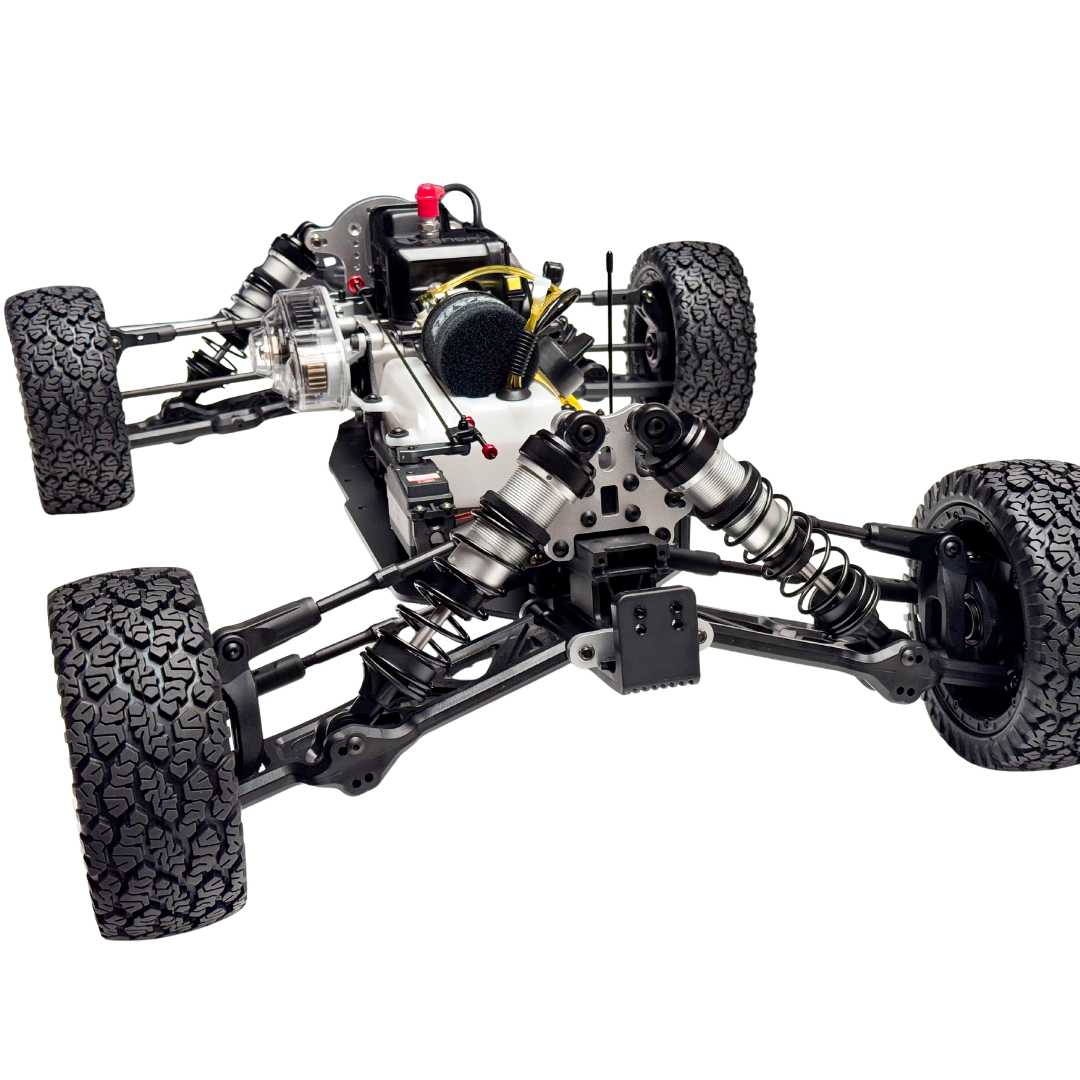 Mechanical model of a car chassis on a white background