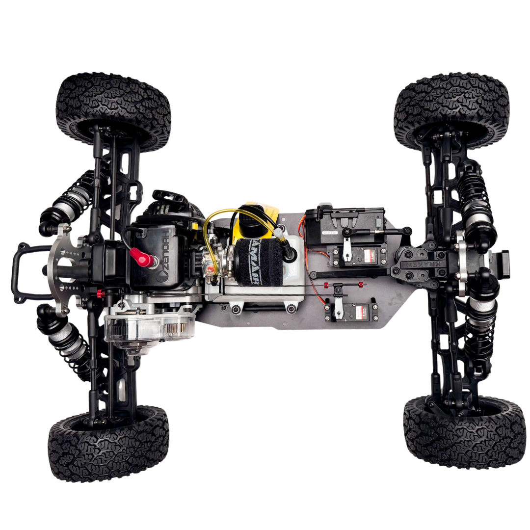 Mechanical model of a vehicle chassis with suspension and tires on a white background