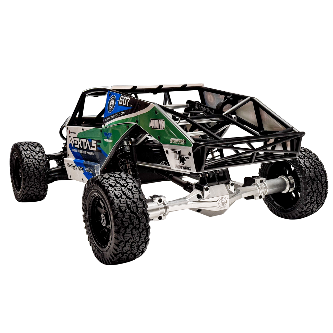 Model off-road vehicle chassis with visible branding on a white background