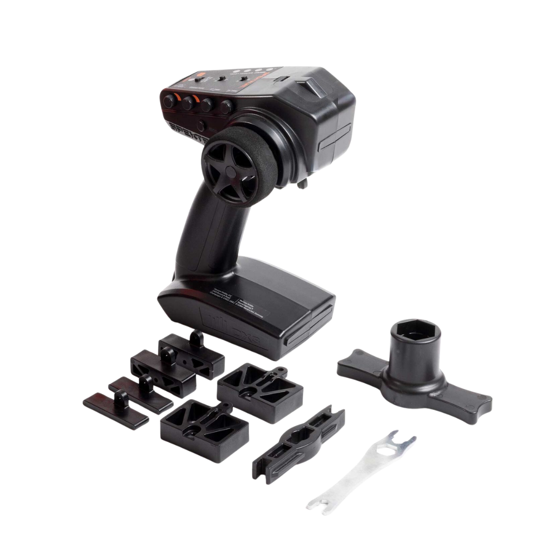 Black mechanical arm with various attachments on a white background
