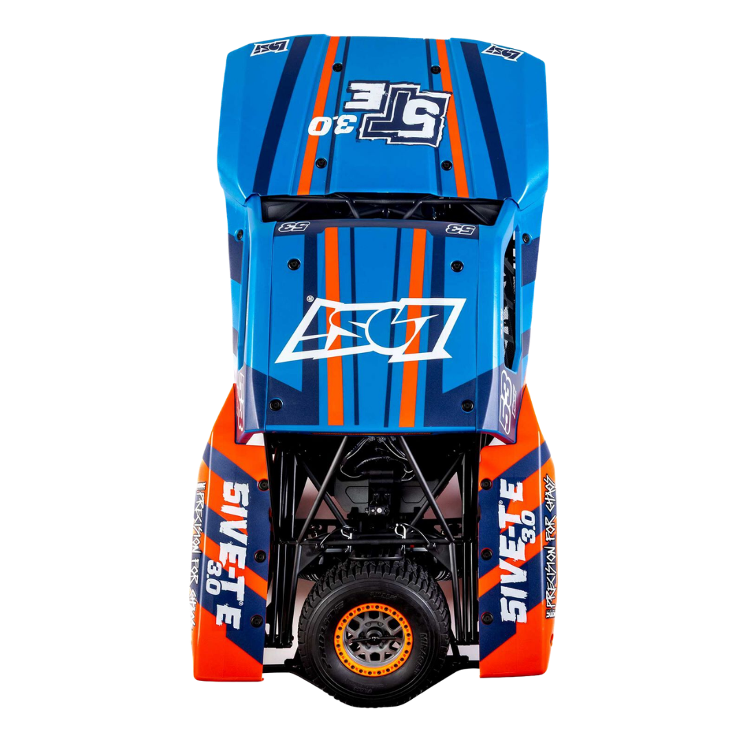 Blue and orange off-road vehicle with branding on a white background