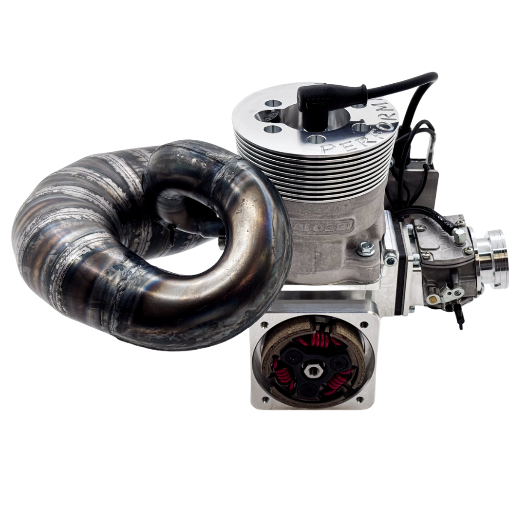 ALX Performante 71cc Malossi GSR46 GoPed engine kit showing exhaust pipe loop and clutch